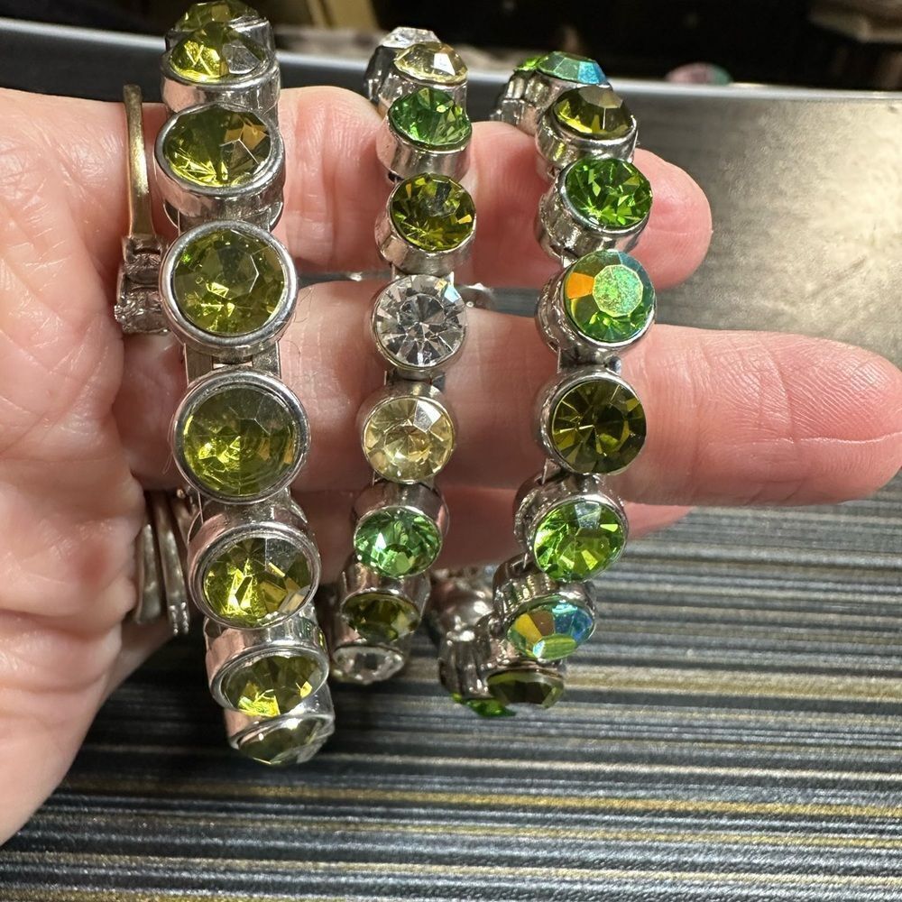 THREE GREEN & AB CRYSTAL SILVER & PERIDOT RHINESTONE MAGNETIC CLOSURE BRACELETS - Picture 10 of 11